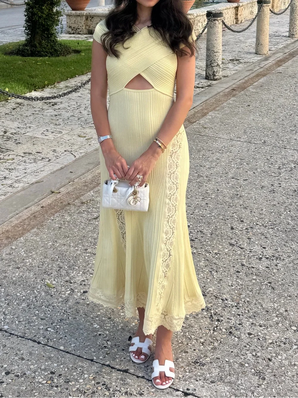 Self Portrait YELLOW KNIT LACE INSERT MIDI DRESS - Picture 4 of 8
